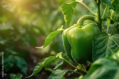 Vibrant green bell pepper plant in full bloom with glossy texture and rich green leaves. Close-up shot of ripe fresh bell pepper surrounded by other plants and foliage in a garden setting. photo