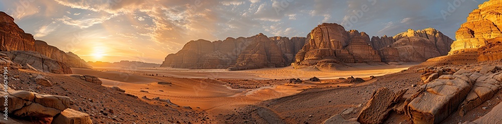 Panoramic view of the stunning desert landscape at sunset Panoramic view of the stunning desert landscape at sunset