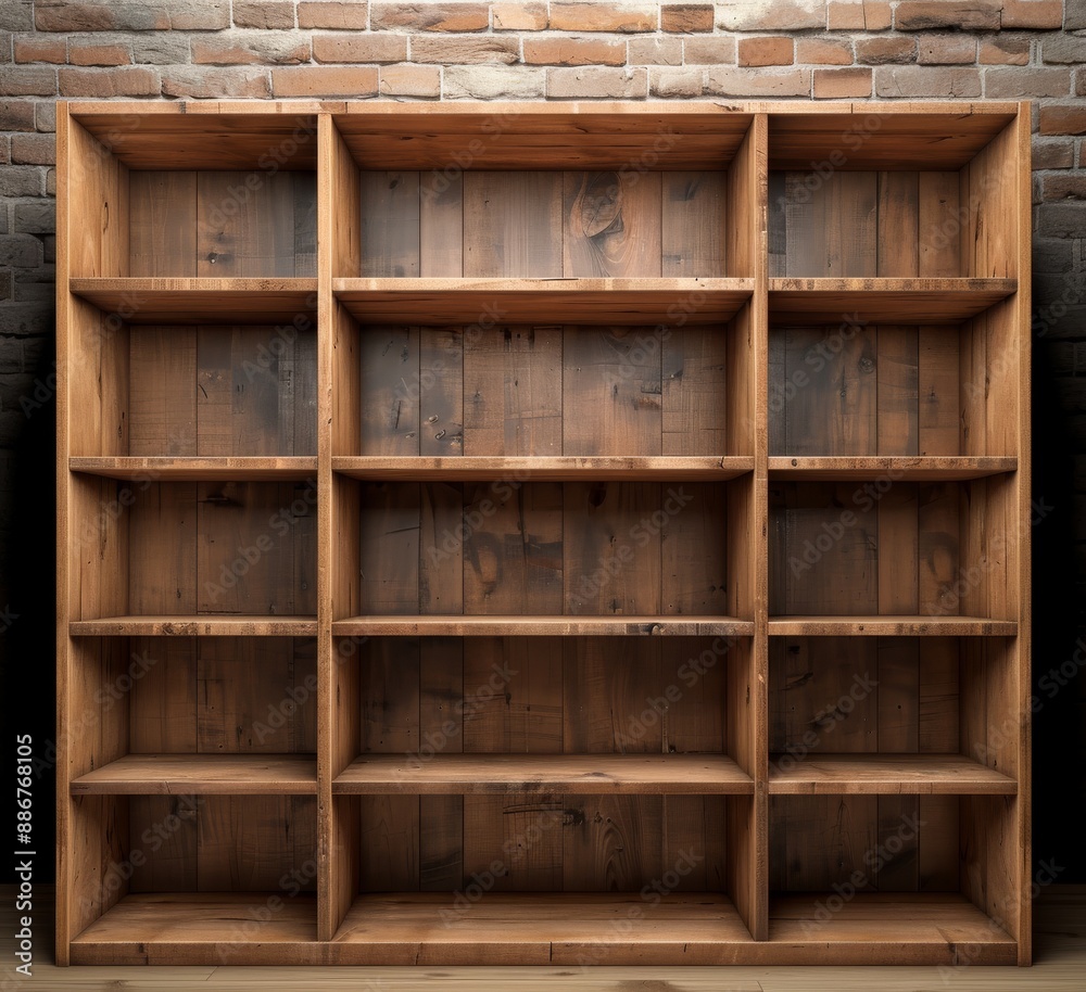 Spacious empty wooden bookshelf set against a rustic brick wall background, ideal for interior design and home organization concepts. Spacious empty wooden bookshelf set against a rustic brick wall background, ideal for interior design and home organization concepts.
