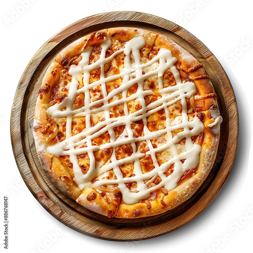 A round pizza with one slice cut out was placed on the table. The top view of the cheese and sauce drizzled photo