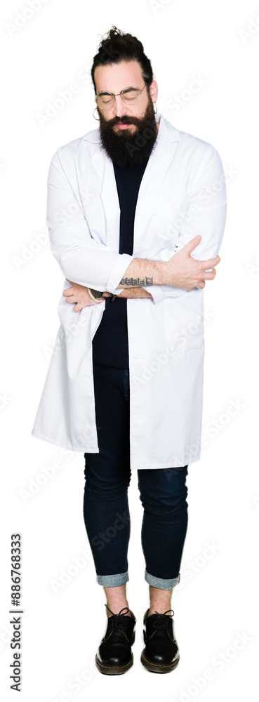 Doctor therapist man with long hair and bear wearing white coat with hand on stomach because nausea, painful disease feeling unwell. Ache concept.