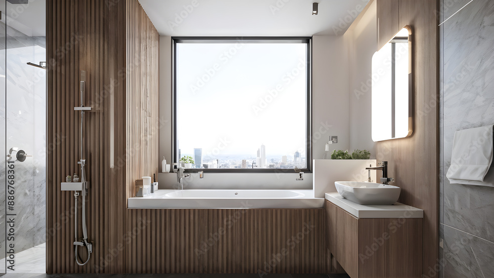 Fototapeta premium Bathroom in a micro-apartment equipped with fittings designed to maximize space utilization