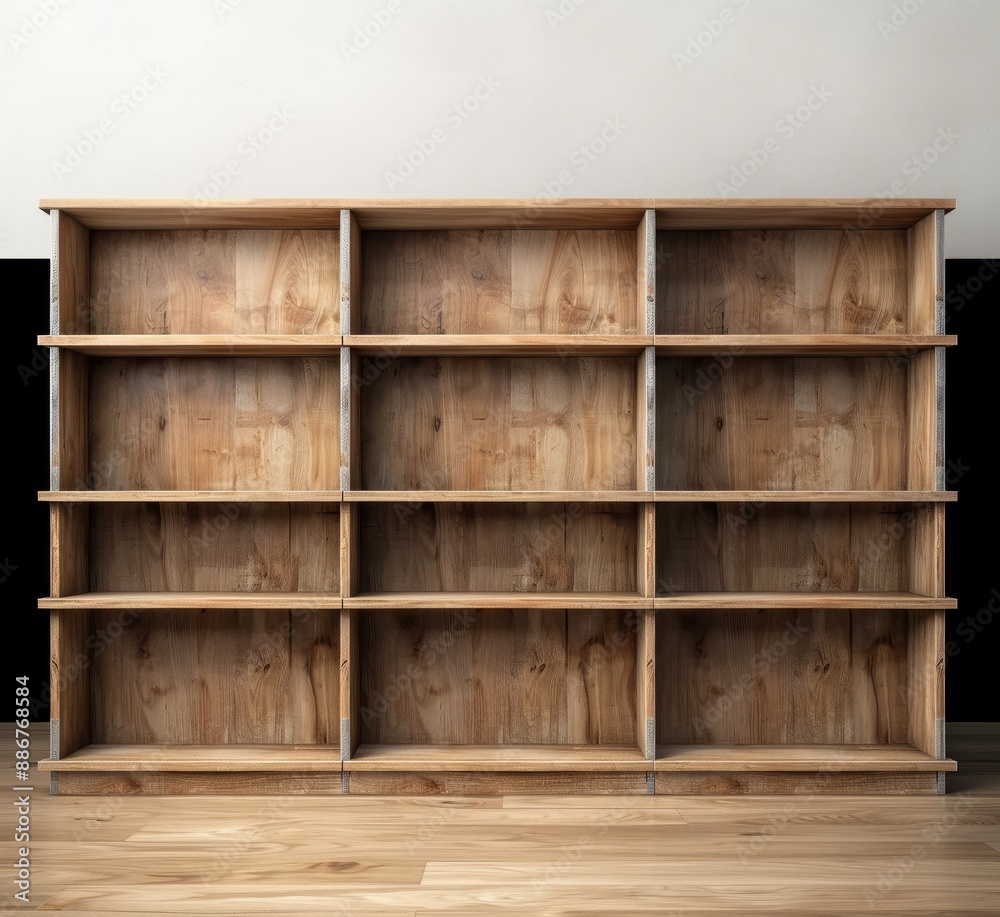 Wooden bookshelf with empty shelves on a hardwood floor against a white wall. Ideal for storage or display in home or office. Wooden bookshelf with empty shelves on a hardwood floor against a white wall. Ideal for storage or display in home or office.
