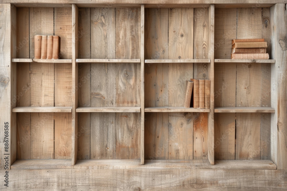 Wooden bookshelf with empty compartments and several old books on a rustic wooden background. Ideal for vintage and minimalist themes. Wooden bookshelf with empty compartments and several old books on a rustic wooden background. Ideal for vintage and minimalist themes.
