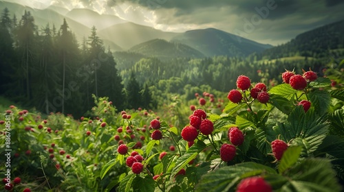 Raspberry fields in summer with bushes strewn picture