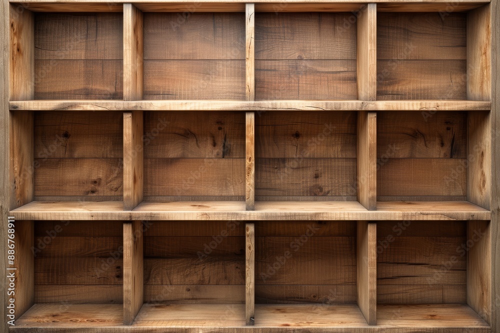 Wooden shelf with multiple compartments for storage, displaying a rustic and natural design suitable for home or office decor. Wooden shelf with multiple compartments for storage, displaying a rustic and natural design suitable for home or office decor.