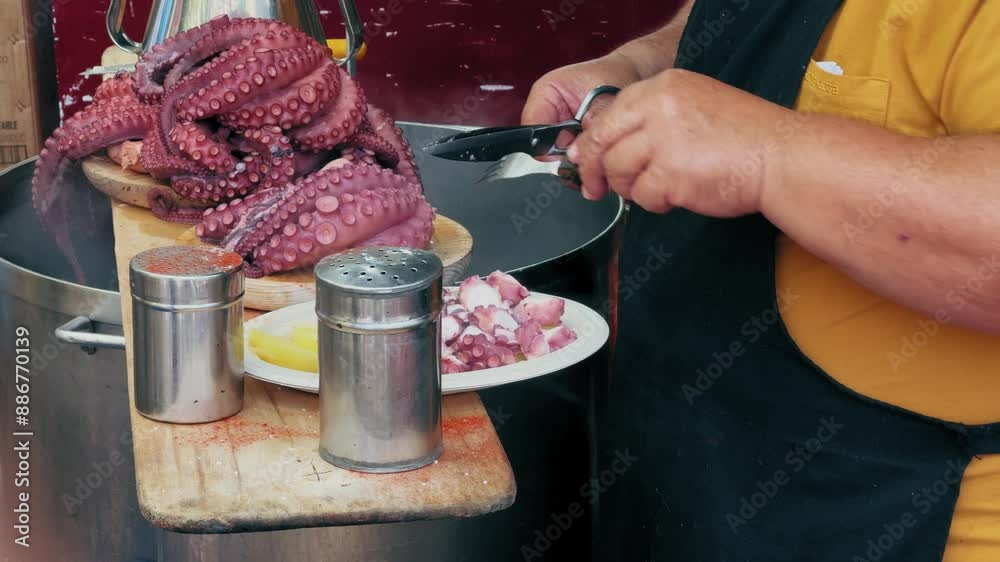 Chef preparing galician octopus at the food feria in Spain.