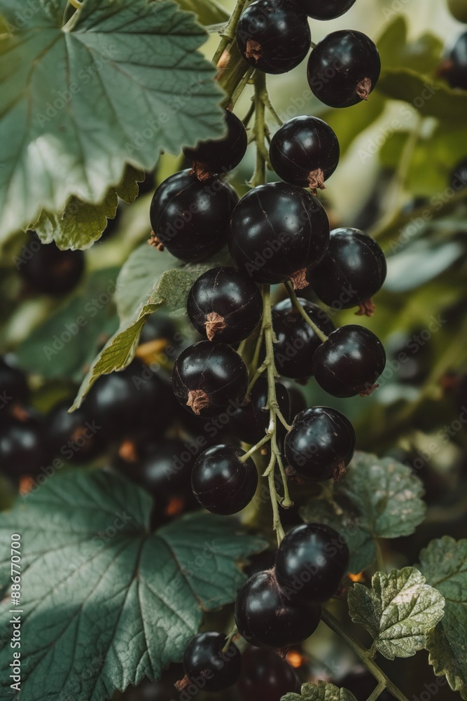 Ripe black currant cluster on branch with green leaves. Close-up of fresh fruit plant in garden. Green plants and foliage surround juicy berries. Perfect for food, nature, and eco-themed projects. Ripe black currant cluster on branch with green leaves. Close-up of fresh fruit plant in garden. Green plants and foliage surround juicy berries. Perfect for food, nature, and eco-themed projects.