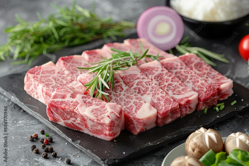 Fresh marbled steak pieces garnished with rosemary on a slate board, surrounded by ingredients like onion, mushrooms, and herbs. Fresh marbled steak pieces garnished with rosemary on a slate board, surrounded by ingredients like onion, mushrooms, and herbs.