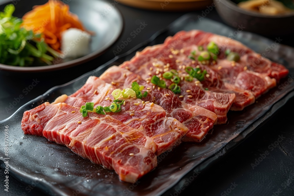 Freshly sliced raw beef on a black plate garnished with green onions, ready for Korean BBQ, with side dishes in the background. Freshly sliced raw beef on a black plate garnished with green onions, ready for Korean BBQ, with side dishes in the background.