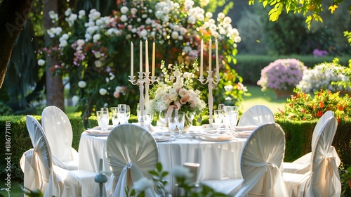 A wedding table decorated with a snow-white tablecloth