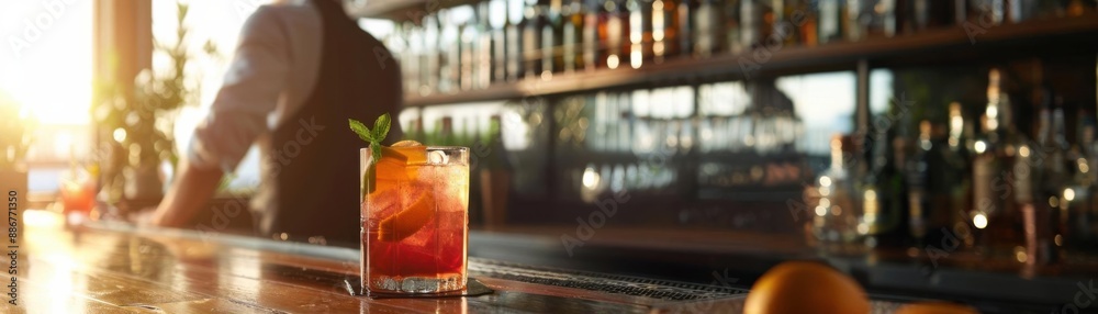 Sunlit cocktail on a bar counter with blurred bartender and shelves of bottles in the background. Sunlit cocktail on a bar counter with blurred bartender and shelves of bottles in the background.