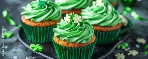 St Patricks Daythemed cupcakes with green icing and shamrock toppers, St Patricks Day, holiday desserts photo