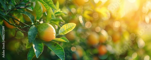 Sunlit orange tree with ripe oranges and green leaves, capturing the fresh essence of a citrus grove in morning light.
