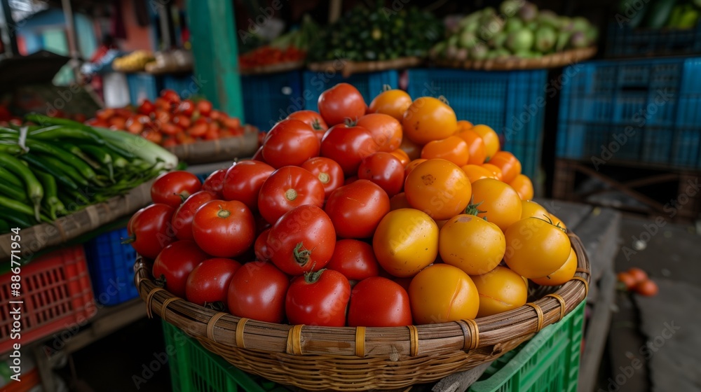 A wicker basket filled with red and yellow tomatoes sits at a bustling market stall A wicker basket filled with red and yellow tomatoes sits at a bustling market stall