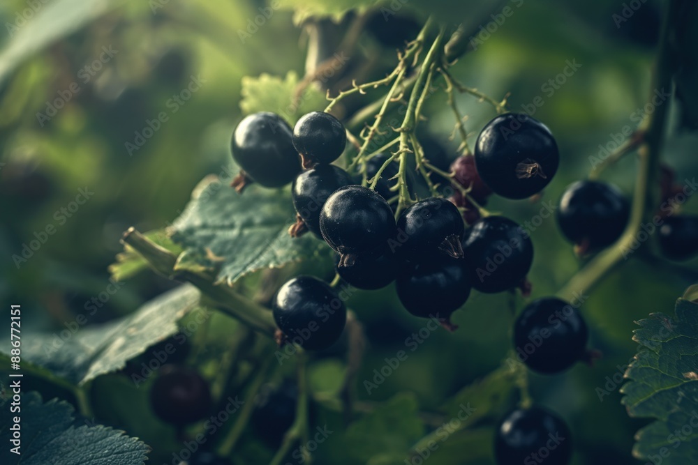 Black currant cluster on vine with plants in garden setting. Fresh ripe fruit close up shot. Outdoor environment with blurred background. Perfect for food, nature, and eco-themed projects. Black currant cluster on vine with plants in garden setting. Fresh ripe fruit close up shot. Outdoor environment with blurred background. Perfect for food, nature, and eco-themed projects.