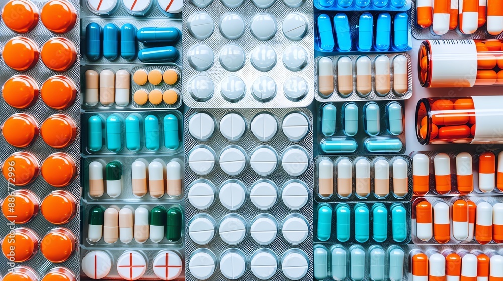 An overhead view of a hospital pharmacy stocked with antibiotic medication, symbolizing readiness and healthcare provision An overhead view of a hospital pharmacy stocked with antibiotic medication, symbolizing readiness and healthcare provision