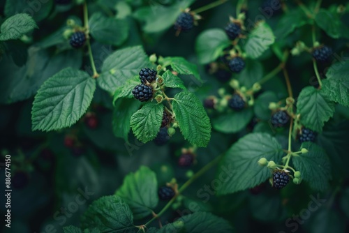 Garden scene featuring blackberry plant with ripe fruit surrounded by lush greenery. Abundant plants and flowers create a vibrant atmosphere. Perfect for eco-friendly or nature-inspired projects. photo