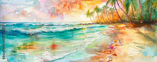 A vibrant watercolor painting of a tropical beach with palm trees swaying in the breeze, turquoise waters, and colorful seashells scattered along the sandy shore. The sky is painted in warm hues of