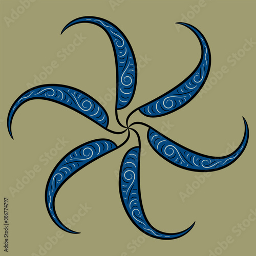 Round spiral decorative element in star shape with medieval illuminated manuscript motifs. Black and blue geometrical mandala on golden background.
