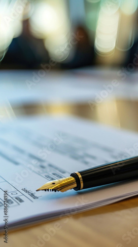 Close-Up of a Fountain Pen on Documents with Blurred Background in an Office Setting