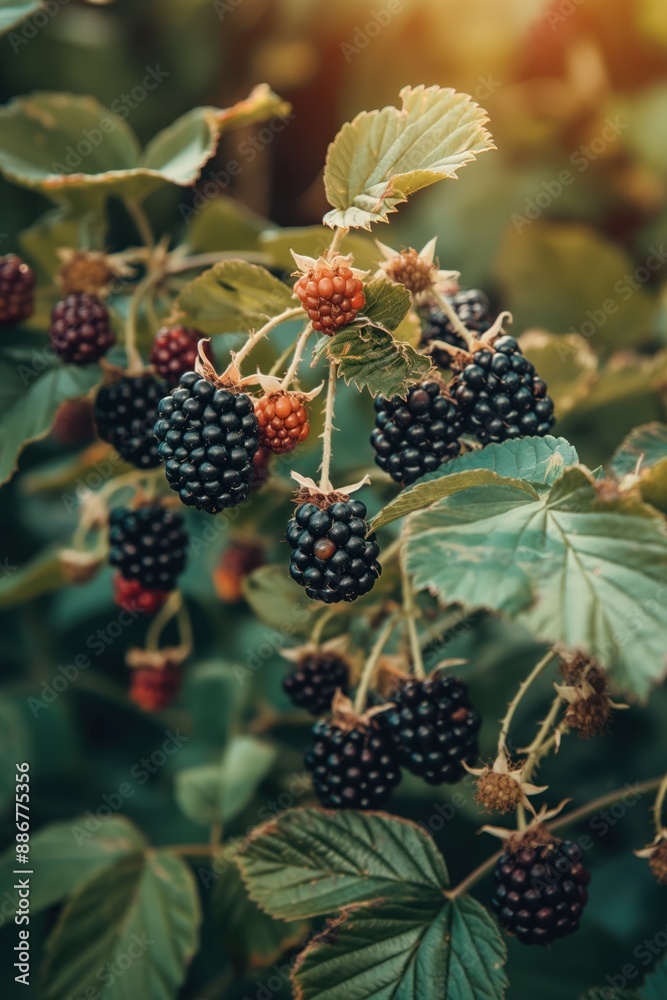 Blackberry bush in full bloom with ripe berries on green stems, leaves. Close-up shot of garden plant with vibrant red fruit against foliage. Perfect for eco-friendly food, nature, gardening themes. Blackberry bush in full bloom with ripe berries on green stems, leaves. Close-up shot of garden plant with vibrant red fruit against foliage. Perfect for eco-friendly food, nature, gardening themes.