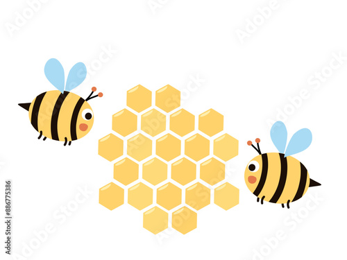 Honey sign with hexagon grid cells and bee cartoons isolated on white background vector.
