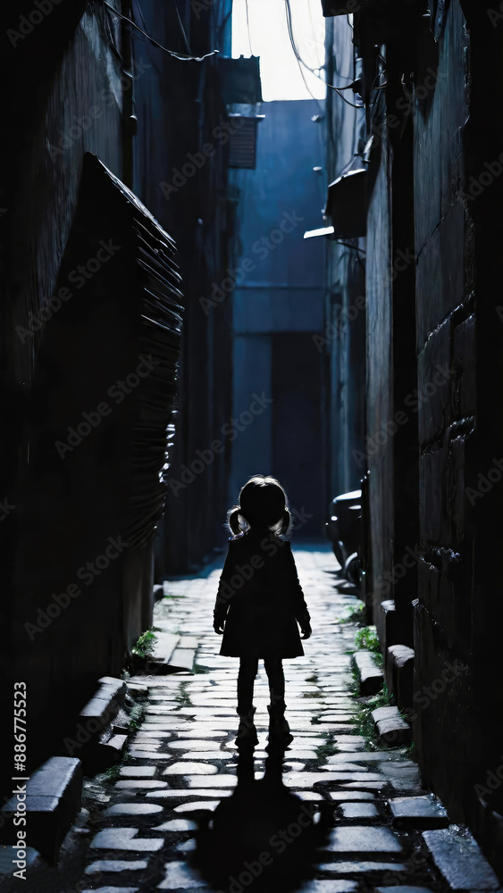 a silhouette of a little girl standing alone in a dark alley a silhouette of a little girl standing alone in a dark alley