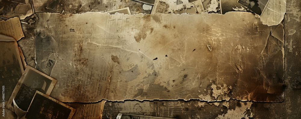 A grunge texture background with old, faded photographs, torn edges, and tape marks, creating a A grunge texture background with old, faded photographs, torn edges, and tape marks, creating a