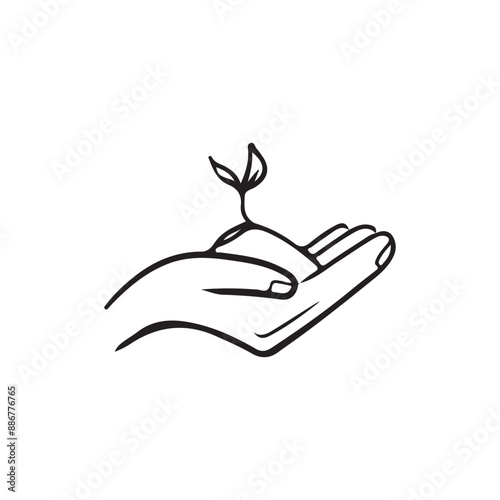 Hands holding ground with small branch with leaves growing in black isolated on white. Hand drawn vector sketch illustration in doodle style. Concept of ecology, life, environment, lifestyle