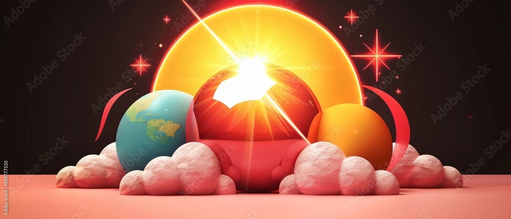 Fototapeta premium Neon Retro Digital Illustration of Summer Solstice Abstract Shapes, Bright Sun, Futuristic Vibe
