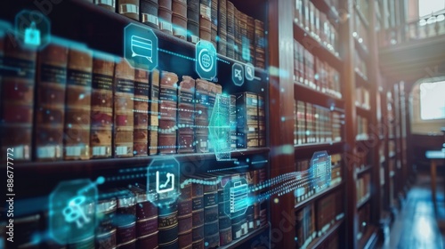 Governance Policies and Compliance, digital library with icons representing governance frameworks, compliance manuals,