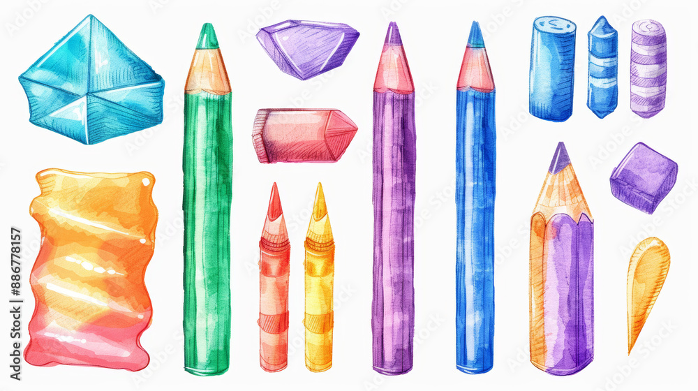 Colorful crayons, pencils, and pastel shapes in various forms, drawn by hand. A set of vector illustrations. Colorful crayons, pencils, and pastel shapes in various forms, drawn by hand. A set of vector illustrations.