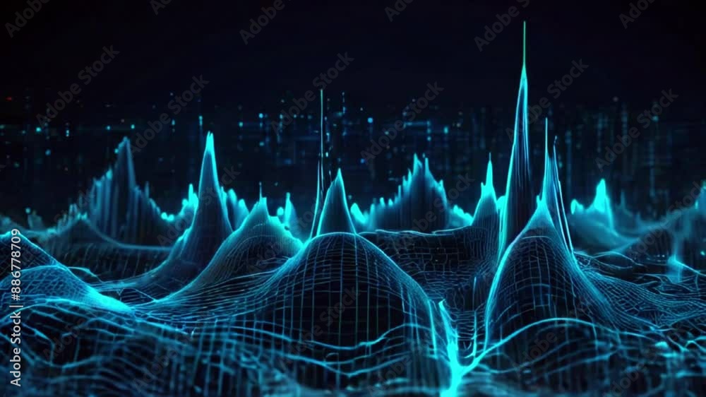 Digital Wave Animation 3D animation of blue digital waveforms moving in a rhythmic pattern ...