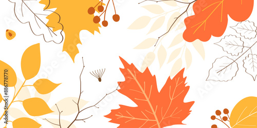 Autumn background with yellow leaves and drawn outline with berries. Flat doodle style. Vector illustration.