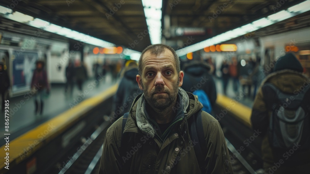 A man stands in a crowded subway station, surrounded by people but completely detached, staring blankly at the ground. The bustling environment contrasts sharply with his withdrawn and anxious A man stands in a crowded subway station, surrounded by people but completely detached, staring blankly at the ground. The bustling environment contrasts sharply with his withdrawn and anxious