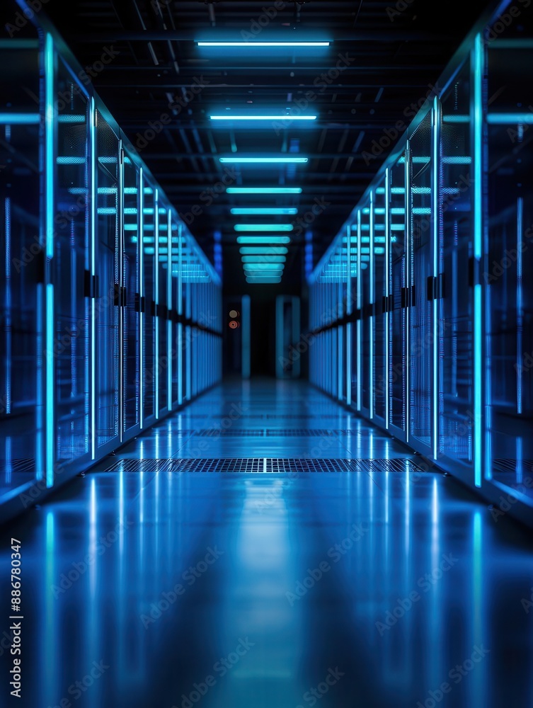 Fototapeta premium Blue neon lights illuminate a long hallway of server racks in a modern data center.