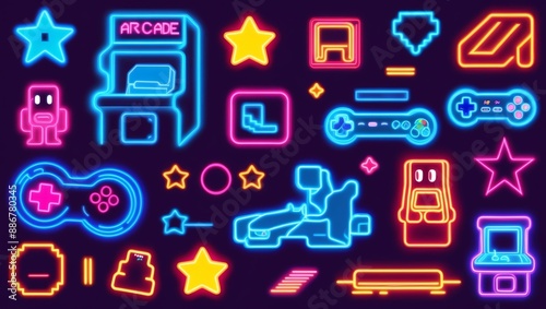 s arcade game pixelated neon elements like stars sha Retro neon background theme