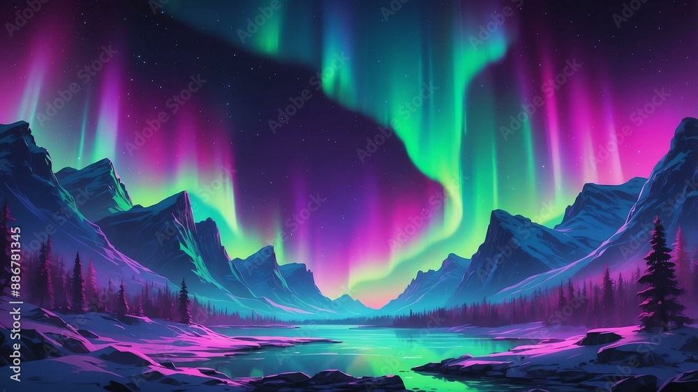 Fototapeta premium neon northern lights aurora borealis in neon colors da Retro neon background theme