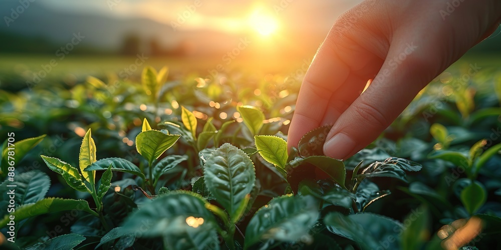 Fototapeta premium green tea leaf in hand on background of mountains. Harvesting tea by farmer hand