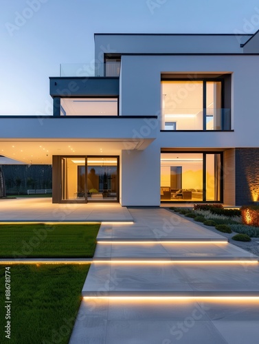 contemporary straight and clean line mansion with grass and concrete pavement, descending road in front of the mansion, parking in front facade, 2 floors