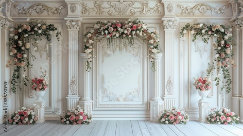 Classic luxury wedding ceremony backdrop interior wall background and copy space Generative Ai