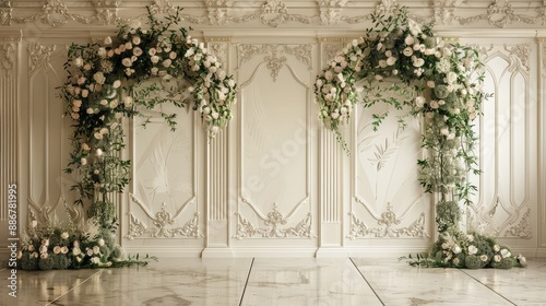 Classic luxury wedding ceremony backdrop interior wall background and copy space Generative Ai