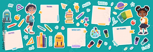 Bild auf Leinwand Set of school supplies stickers with back to school concept, educational stickers