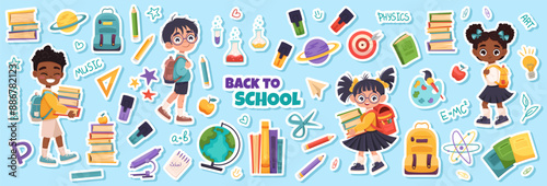 Set of school supplies stickers with back to school concept, educational stickers. Cute school children, notes, plans, to do list, books. Vector cartoon stickers for print, cards, stationery