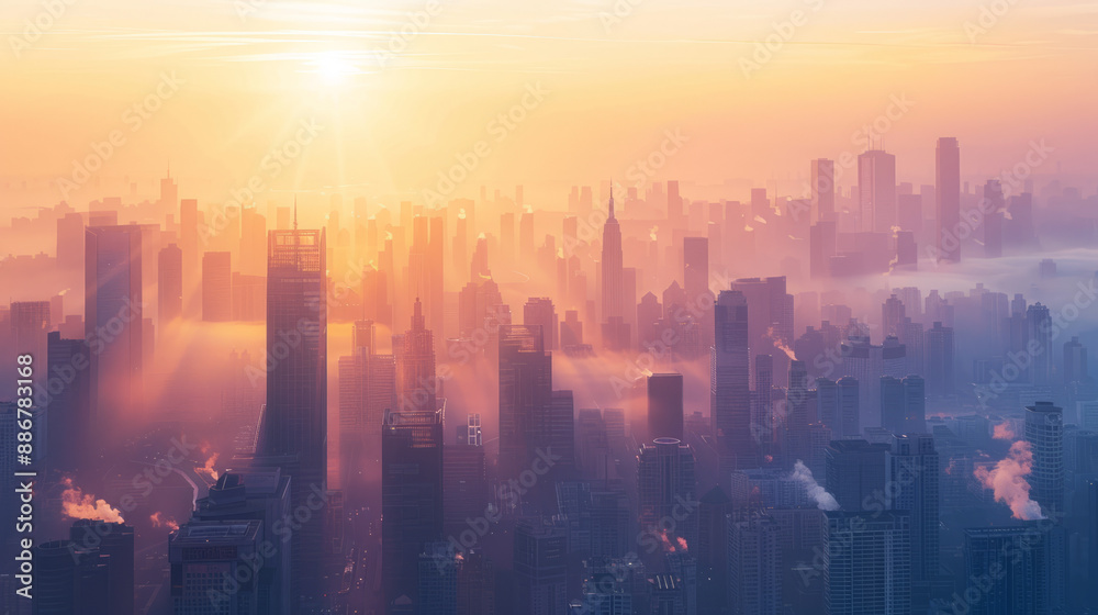 Minimalist depiction of a city skyline with smog above, and a clear sky line below on a split background, symbolizing air pollution Minimalist depiction of a city skyline with smog above, and a clear sky line below on a split background, symbolizing air pollution