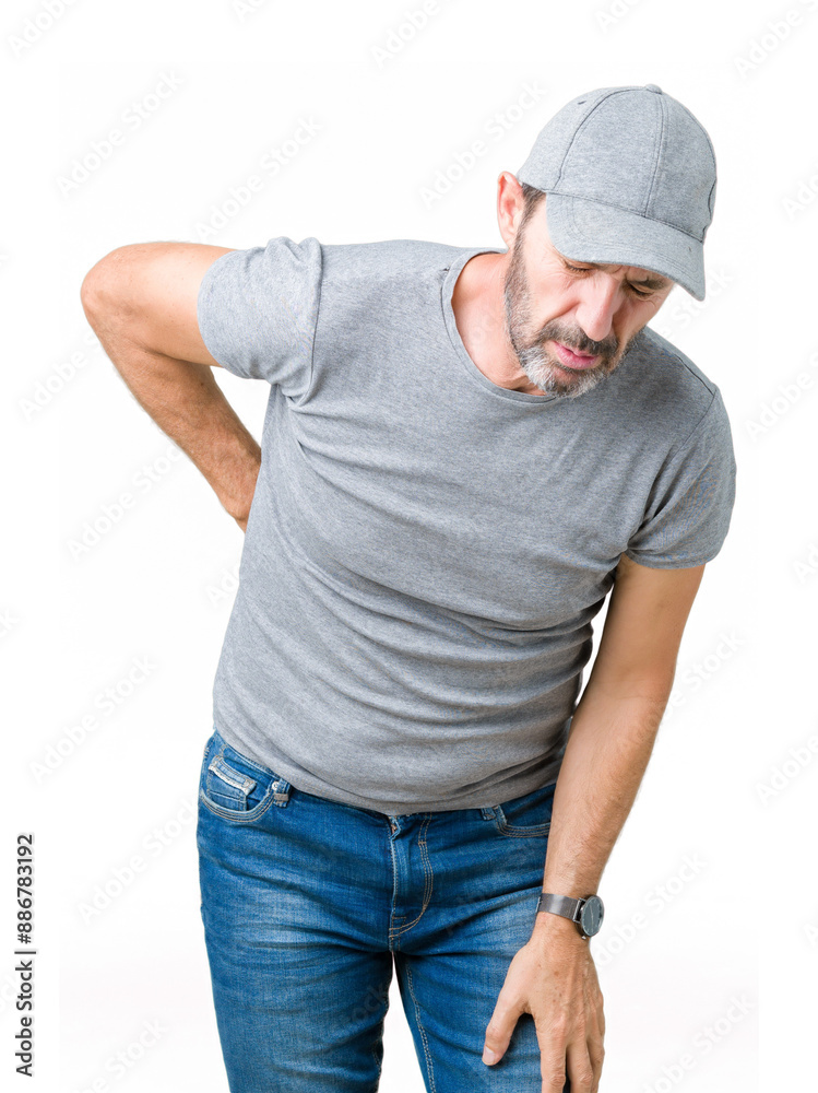 Handsome middle age hoary senior man wearing sport cap over isolated background Suffering of backache, touching back with hand, muscular pain Handsome middle age hoary senior man wearing sport cap over isolated background Suffering of backache, touching back with hand, muscular pain