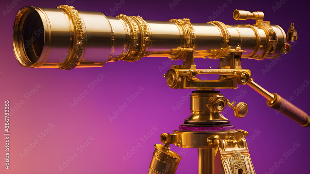 A golden telescope on a purple background, the telescope looks at the upper right corner, the space on the right and left. Generative AI A golden telescope on a purple background, the telescope looks at the upper right corner, the space on the right and left. Generative AI