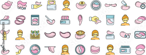 Eye patches icons set outline vector. Cream product. Mask age thin line color flat on white