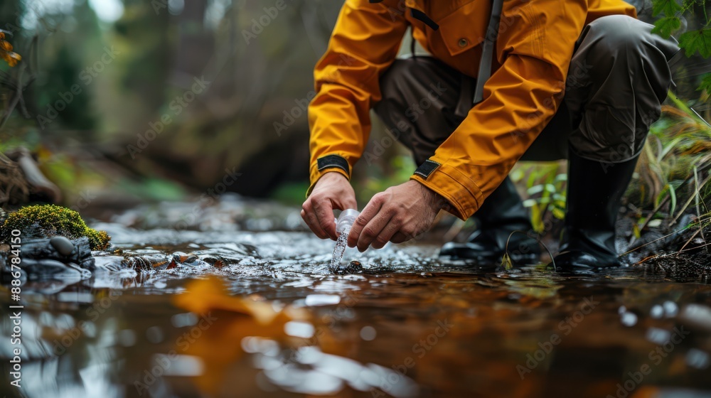 A man in a yellow jacket is kneeling in a stream